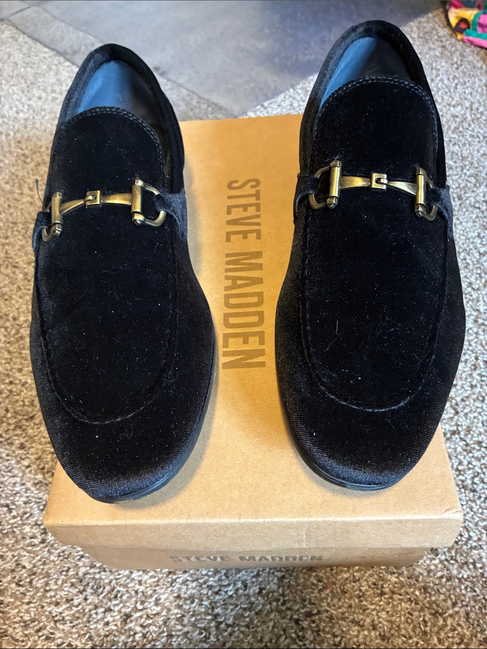 Steve Madden Black Velvet Slip-On Loafers with Gold Bit